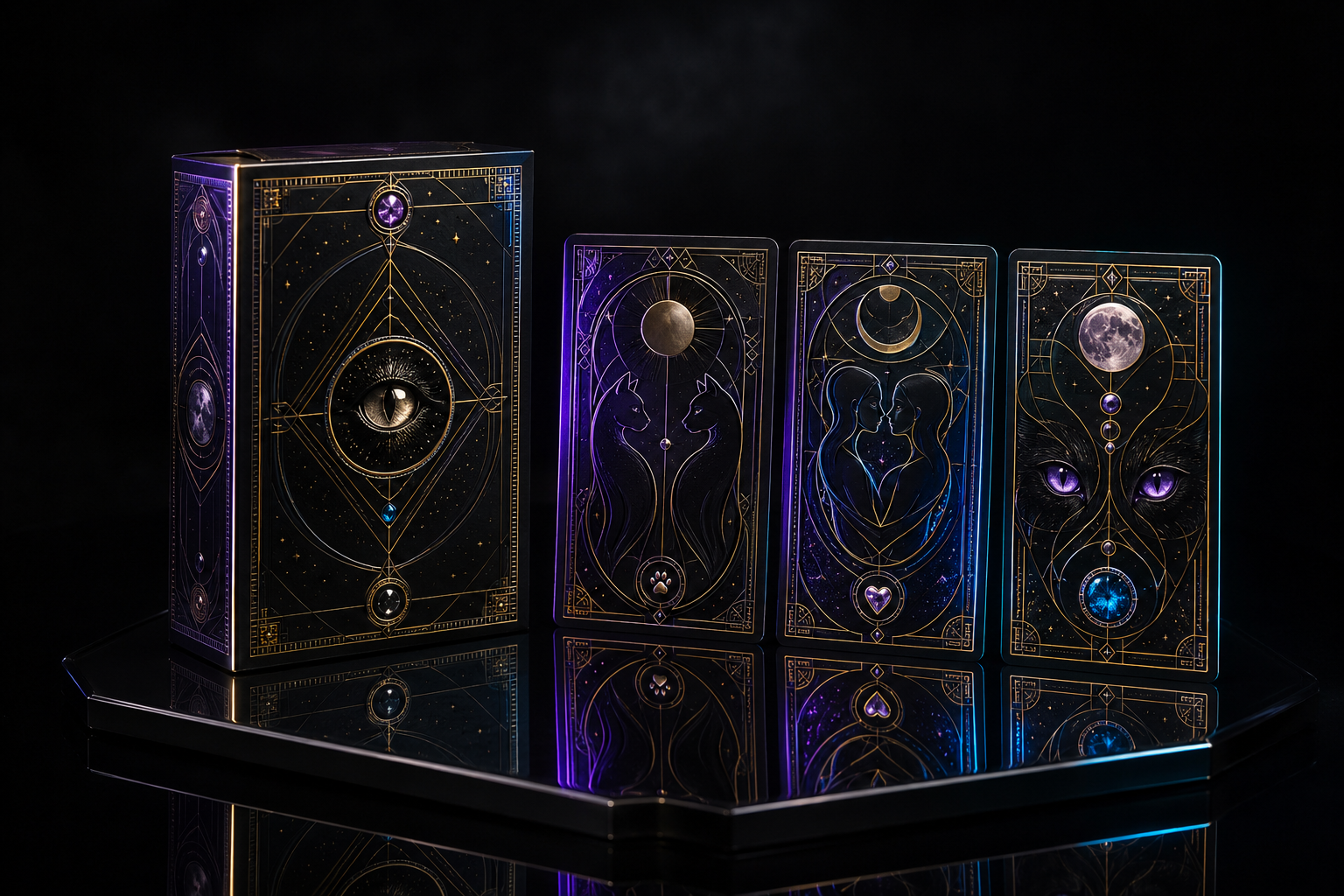Infinite Lovers luxury tarot deck and three cards on a black mirrored plinth