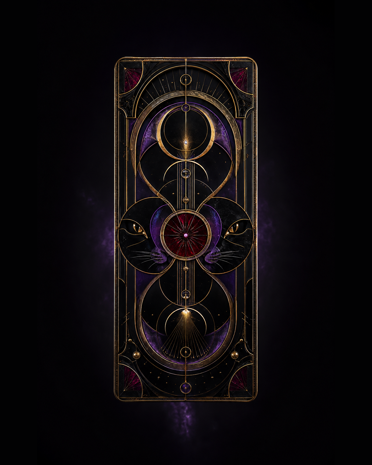 Obsidian and antique-gold Infinite Lovers tarot talisman with mirrored feline guardians