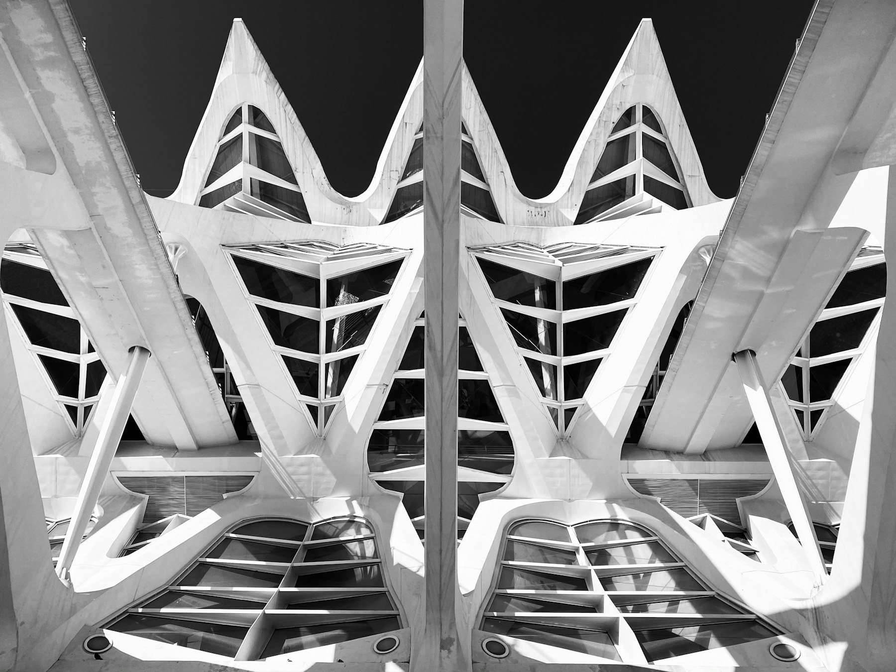 Symmetrical white structural ribs converging into an abstract architectural rhythm